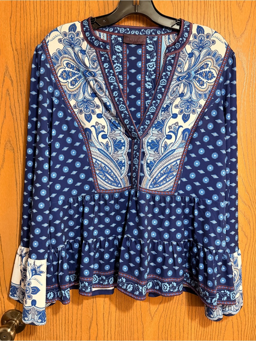 EUC Hale Bob Paisley Tunic in Navy and White with V-Neck and Peplum Silhouette